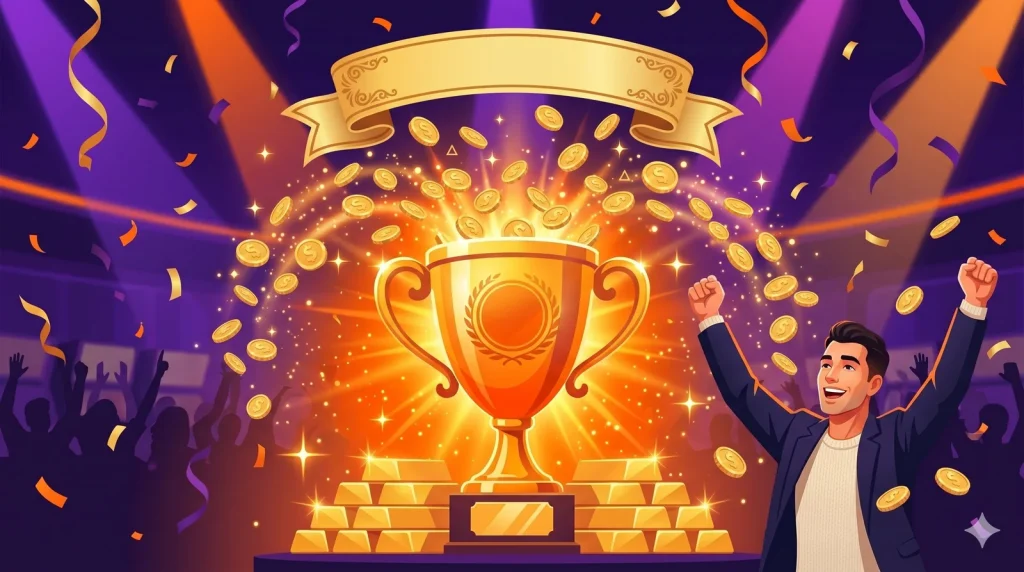 Milyar.com jackpot slotları: büyük ikramiye kazanım anı kupa altın ve zafer kutlaması