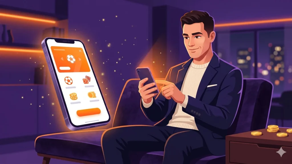 Milyar.com mobil uygulama: lounge ortamında genç adam telefonla bahis yapıyor