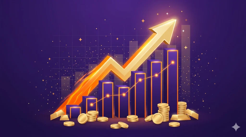 Milyar.com yüksek bahis oranları: yükselen altın ok bar chart ve altın para yığınları ile kazanç grafiği