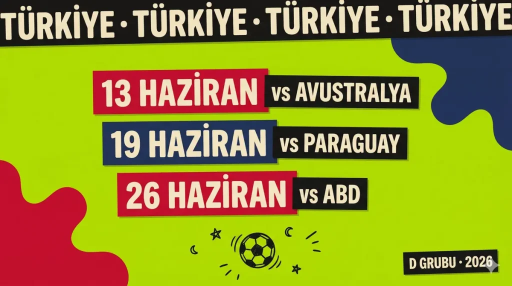 Türkiye D Grubu maç programı 13 Haziran Avustralya 19 Haziran Paraguay 26 Haziran ABD