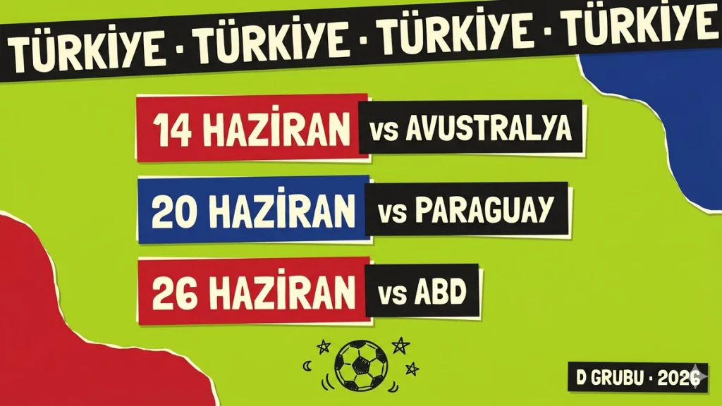 Türkiye D Grubu maç programı 14 Haziran Avustralya 20 Haziran Paraguay 26 Haziran ABD