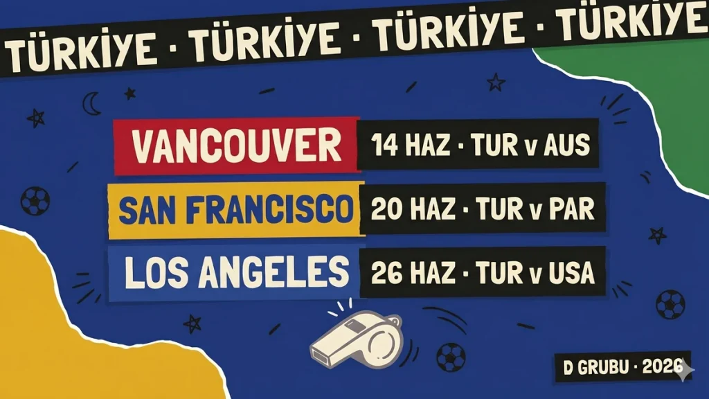 Türkiye D Grubu maç şehirleri Vancouver 14 Haziran San Francisco 20 Haziran Los Angeles 26 Haziran