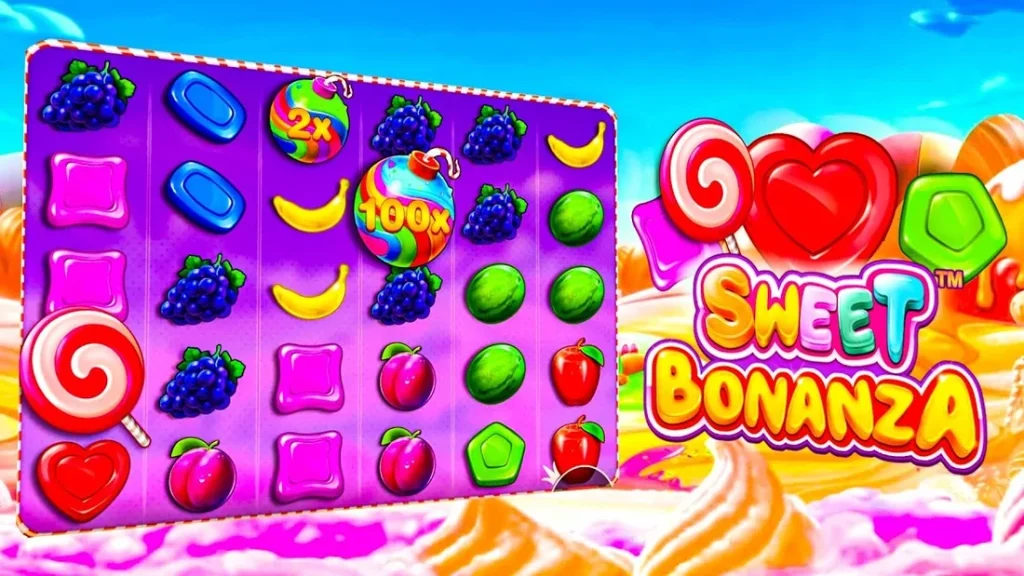 Sweet Bonanza oyun ekranı: şeker sembolleri ve 100x çarpan bombası